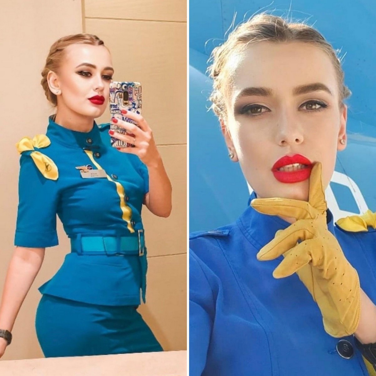 Красивые девушки-стюардессы в униформе и без неё